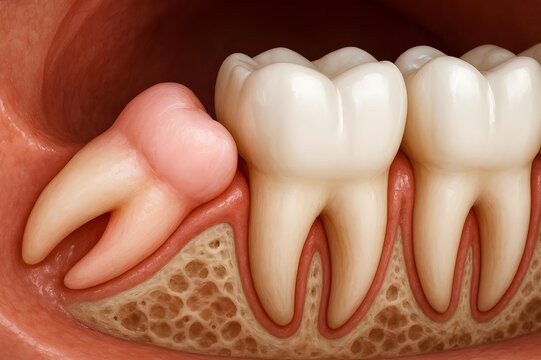 Anatomical Illustration of Impacted Wisdom Tooth &ndash; Dental Model Showing Molar Impaction and Gum Inflammation