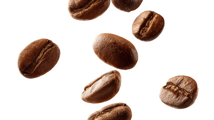 Coffee beans isolated on white background, showcasing their rich texture and deep brown color.