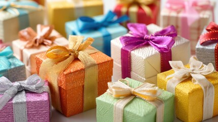 Close-up of assorted colorful wrapped gifts with ribbons, perfect for birthday or holiday celebrations
