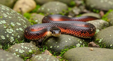 Snake with red and black scales rests on mossy rocks.
