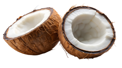 Halved coconut halves showcasing fresh white flesh, perfect for tropical recipes, healthy eating, and exotic culinary creations, a taste of paradise today