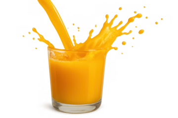 Orange juice pouring into a glass creating a refreshing splash, liquid movement on transparent background
