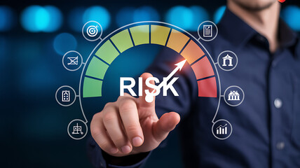 Risk assessment concept with a gauge pointing to high risk level, indicating potential danger
