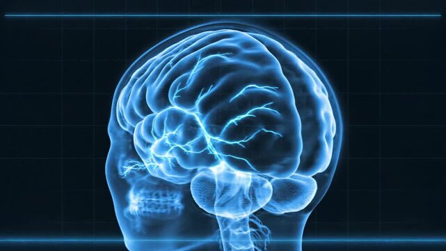 Human brain anatomy illustration in blue radiance on dark background