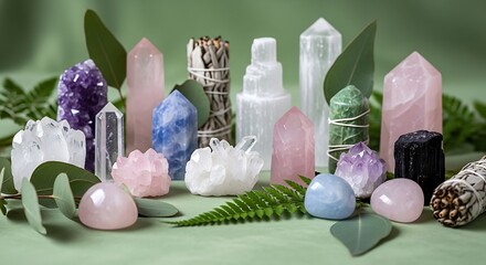 Assortment of polished crystals and bundled herbs arranged artistically.