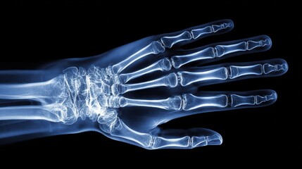 Naklejka premium Hand bones are clearly visible in detailed x-ray scanned image, showcasing human anatomy from a medical perspective during diagnostic examination