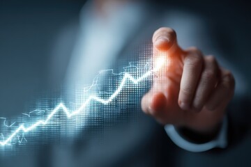 Businessman interacts with digital graph to visualize growth and success in a modern office setting