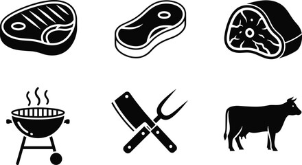 Meat & BBQ Icons Set &mdash; Steak Cuts, Grill, Butcher Tools & Cow Silhouette Vector
