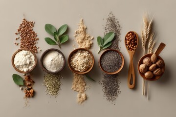 Explore the diverse world of vegan food products with a variety of plant-based ingredients laid out on a rustic surface