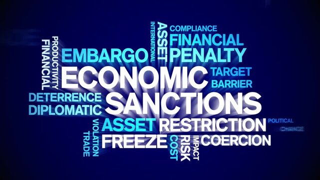 Economic Sanctions animated word cloud-text design animation tag kinetic typography seamless loop.