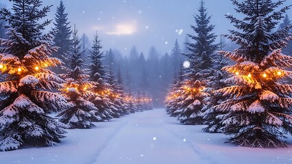 Winter Alley Christmas Background with Snow-Covered Fir Trees and Soft Garland Lights, Festive Holiday Banner with Illuminated Winter Forest Path