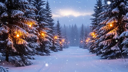 Winter Alley Christmas Background with Snow-Covered Fir Trees and Soft Garland Lights, Festive Holiday Banner with Illuminated Winter Forest Path