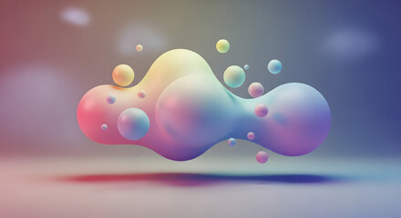 Gradient abstract fluid shape with floating spheres, 3d render