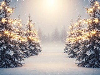 Winter Alley Christmas Background with Snow-Covered Fir Trees and Soft Garland Lights, Festive Holiday Banner with Illuminated Winter Forest Path