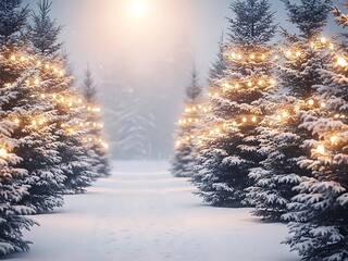 Winter Alley Christmas Background with Snow-Covered Fir Trees and Soft Garland Lights, Festive Holiday Banner with Illuminated Winter Forest Path
