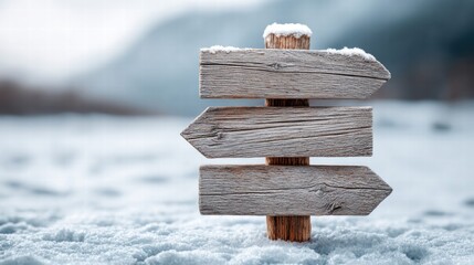 Obraz premium Wooden signpost in a snowy landscape