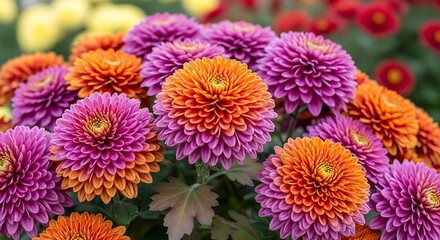 Vibrant chrysanthemum flowers bloom in shades of orange and purple.