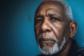 Portrait of a serious elderly African American man with gray hair and a thoughtful expression against a blue background