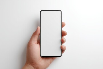 Hand holding a smartphone on a plain white background displaying a blank screen ready for use in various applications or activities