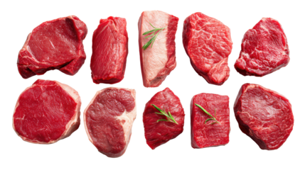 Cut pieces of raw beef, isolated on a white background, showcasing different cuts and textures.