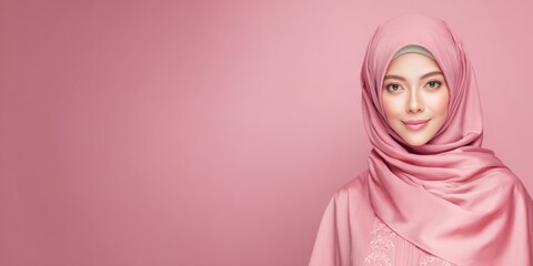 Fototapeta premium Woman wearing hijab portrait against pink background copy space