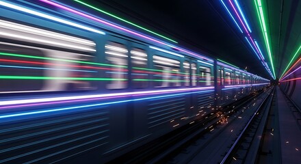 A train speeds through a futuristic tunnel with glowing neon lights.