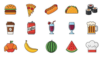 Flat vector icons of diverse food and drink items are arranged on a white background, featuring bright colors and simple outlines in a cartoon illustration style.