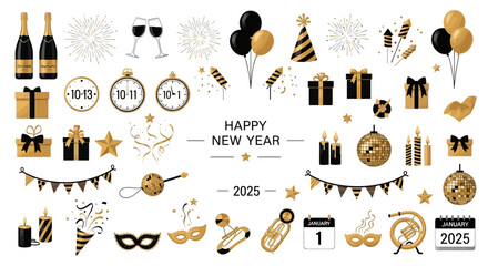 Flat lay illustration shows a collection of golden and black New Year's Eve party decorations and accessories on a clean, white background.