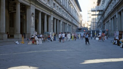 Historic colonnade plaza captured in soft defocused bokeh with distant market stalls, sculptures and classical facades; template overlay virtual calm.