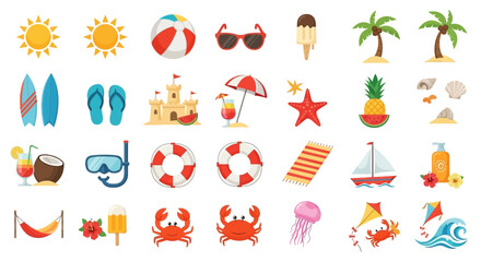 A flat vector illustration showcases various summer beach icons, including sunglasses, a beach ball, and crabs against a white background, evoking a bright and playful