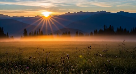 Sunrise over a misty meadow with distant mountains.