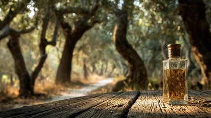 Obraz premium Savoring the essence of nature with a glass bottle of olive oil on a rustic wooden table surrounded by an olive grove at sunrise