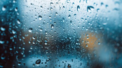 Close up view of icy blue glass window with water droplets reflecting light during a rainy day