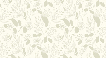 Botanical line art features stylized leaves and small flowers in a seamless, repeated pattern against a soft, off-white background creating a calming, minimalist design.