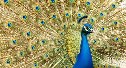 Obraz premium Majestic peacock displays iridescent train feathers with eye patterns.