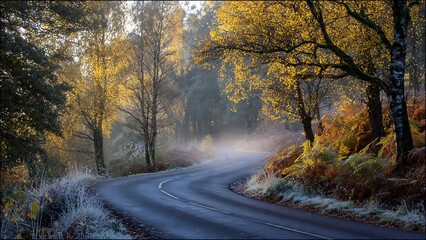 Obraz premium Serene Curving Road Through Golden Autumn Landscape in Crisp Morning Light