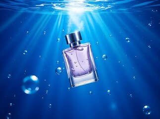 Perfume bottle floating underwater with glowing blue light rays and bubbles, creating a luxurious and cinematic atmosphere.