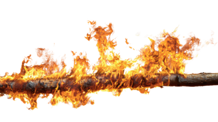 Flaming log with vibrant fire and sparks, isolated on a white background.
