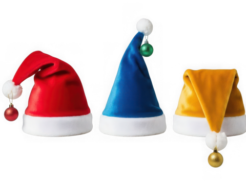 Vibrant christmas santa hats with decorative ornaments on white