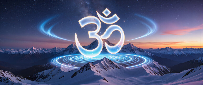 Cosmic Om Symbol Over Snowy Himalayan Peaks &ndash; Glowing Spiritual Energy Landscape