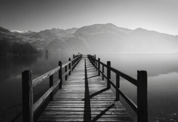 Black and white image of a wooden pier extending into a calm lake with mountains in background