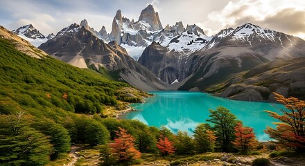 Turquoise lake reflects snow-capped mountains and colorful autumn foliage.
