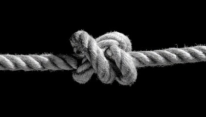 Black and white image of a rope tied in a complex knot, set against a solid black background