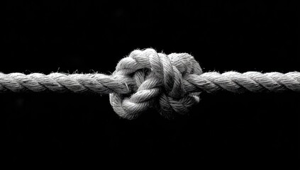 Close-up of rope, featuring a complex knot tied tightly, black background