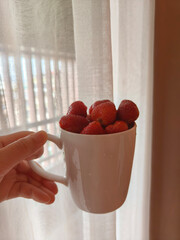A refreshing delight, ripe strawberries tumble into a glass, showcasing their vibrant red hue against a warm backdrop.