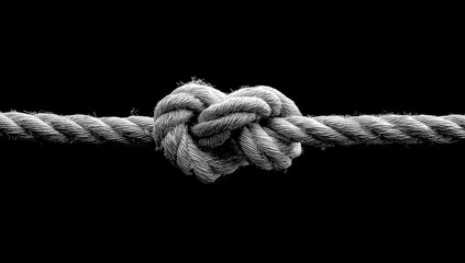 Close-up of rope, tied in a heart-shaped knot, in shades of gray, against a stark black background