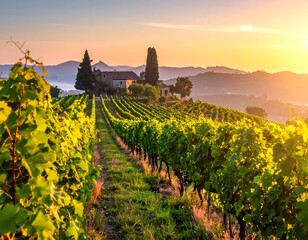 Sunrise over lush, green vineyard, rolling hills, and a farmhouse