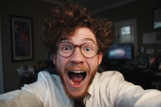 Excited intern celebrating a successful project with a big smile in a cozy office environment during the afternoon