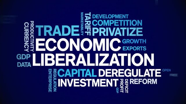 Economic Liberalization animated word cloud-text design animation tag kinetic typography seamless loop.