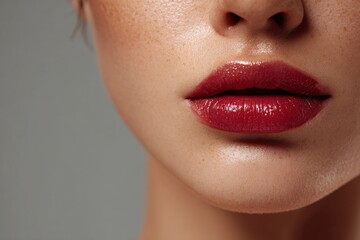 Naklejka premium Young woman displays beautiful, glossy lips against a soft grey background in a close-up shot capturing her youthful features and natural beauty